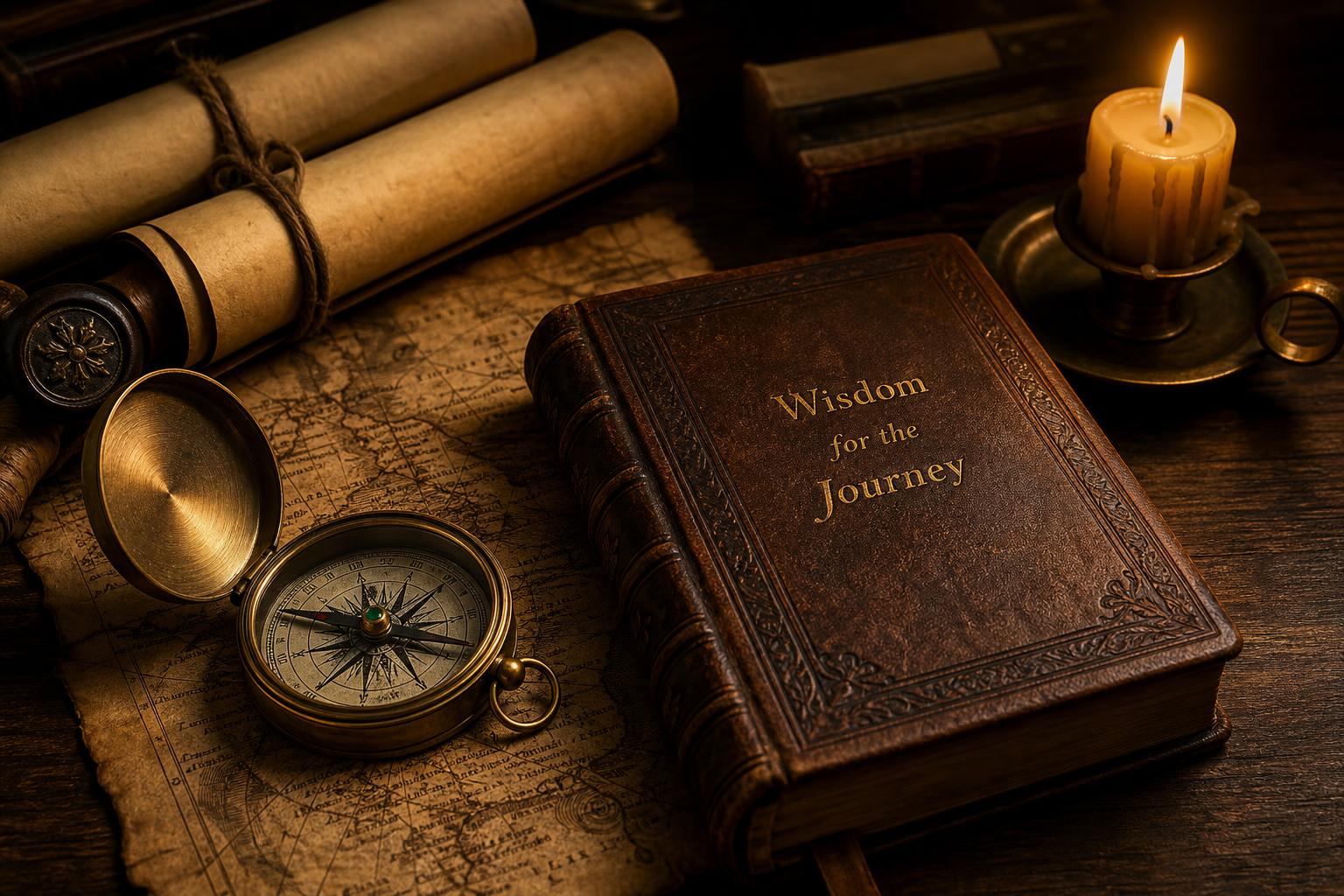 A brass compass on an ancient map beside a leather book
